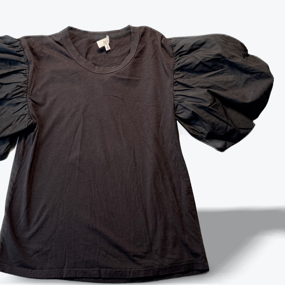 ALC Puff Sleeve Top Black Cotton Mixed Media T-Shirt XS Made in USA